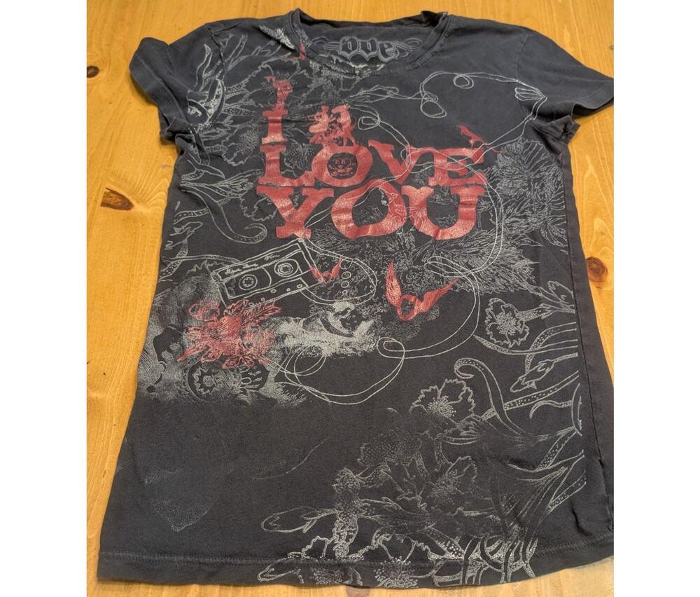 Mighty Fine Vintage S/S Tee, DOE, Women's Medium, Graphic Tee, Love, Hate, EGU